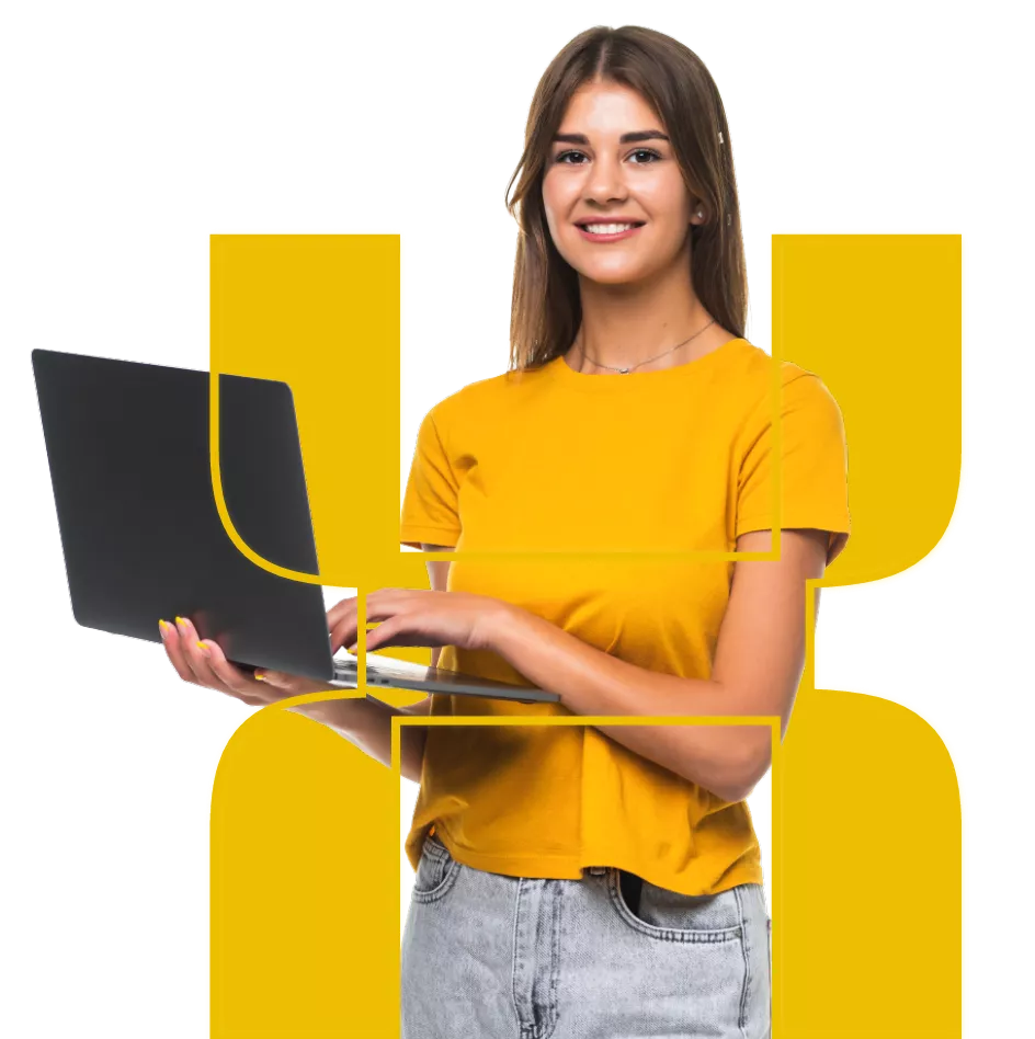 Imagen de una persona sosteniendo un pc. 